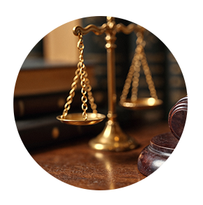 Golden justice scales and gavel on a wooden desk, symbolizing law and order.