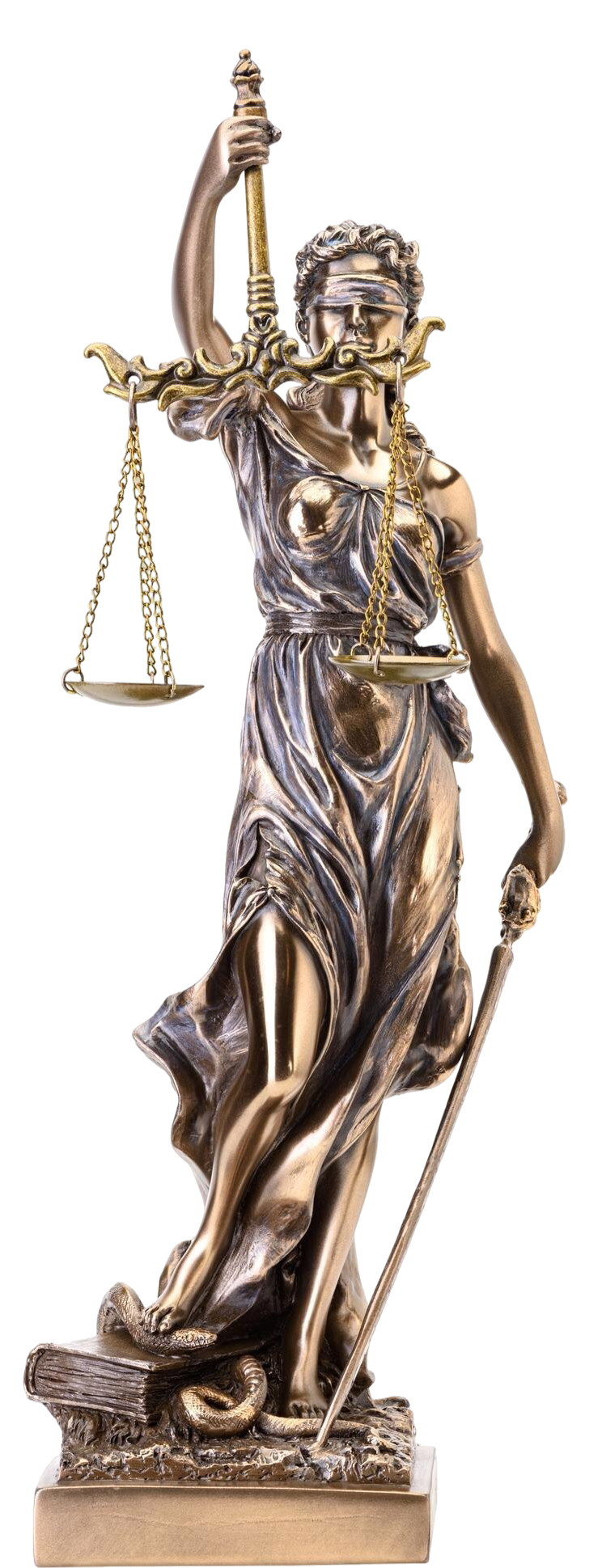 Statue of Lady Justice holding scales and a sword. Bronze color on a white background.