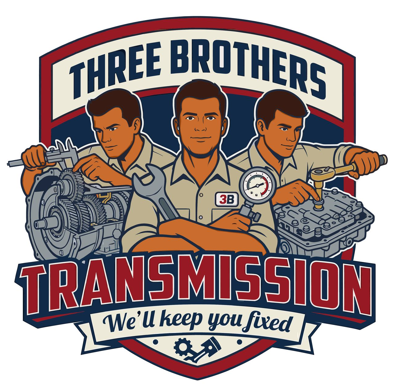 Logo for Three Brothers Transmission featuring three figures holding yellow wrenches inside a red-outlined shield.