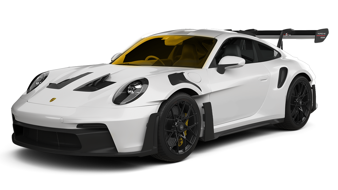White Porsche 911 GT3 RS sports car with black accents, large rear wing, and tinted windows.