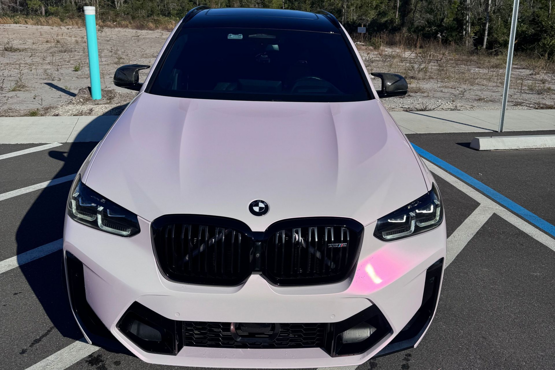 Pink BMW SUV parked in a parking space, black grille, blue sky, trees in the background.
