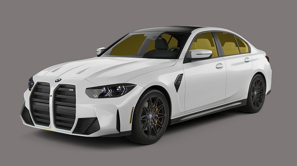 White BMW M3 sedan, black accents, against gray background.