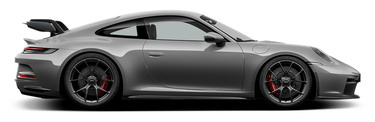 Gray Porsche 911 coupe with black wheels, a rear spoiler, and red brake calipers against a white background.