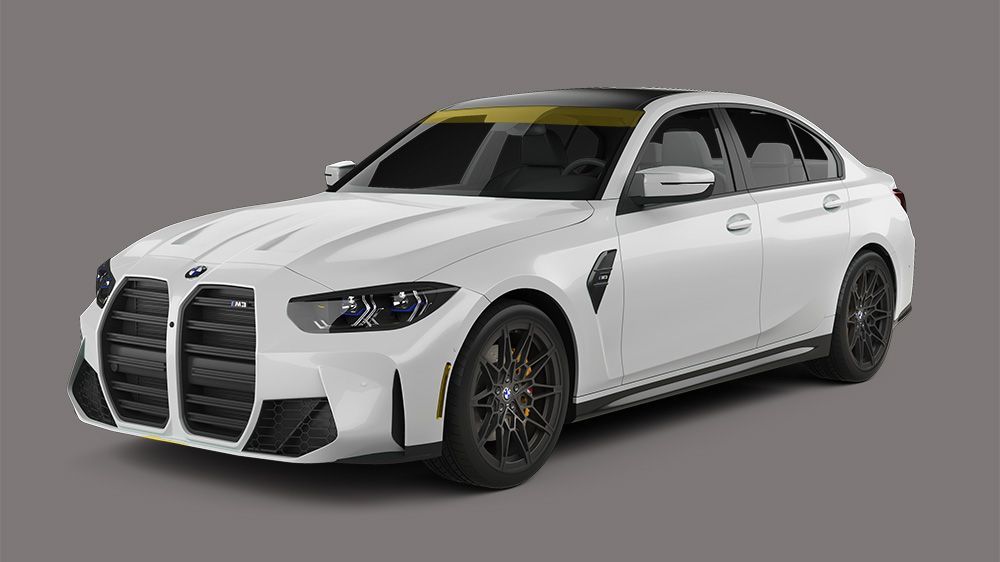 White BMW M3 sedan, black accents, parked on a gray background.