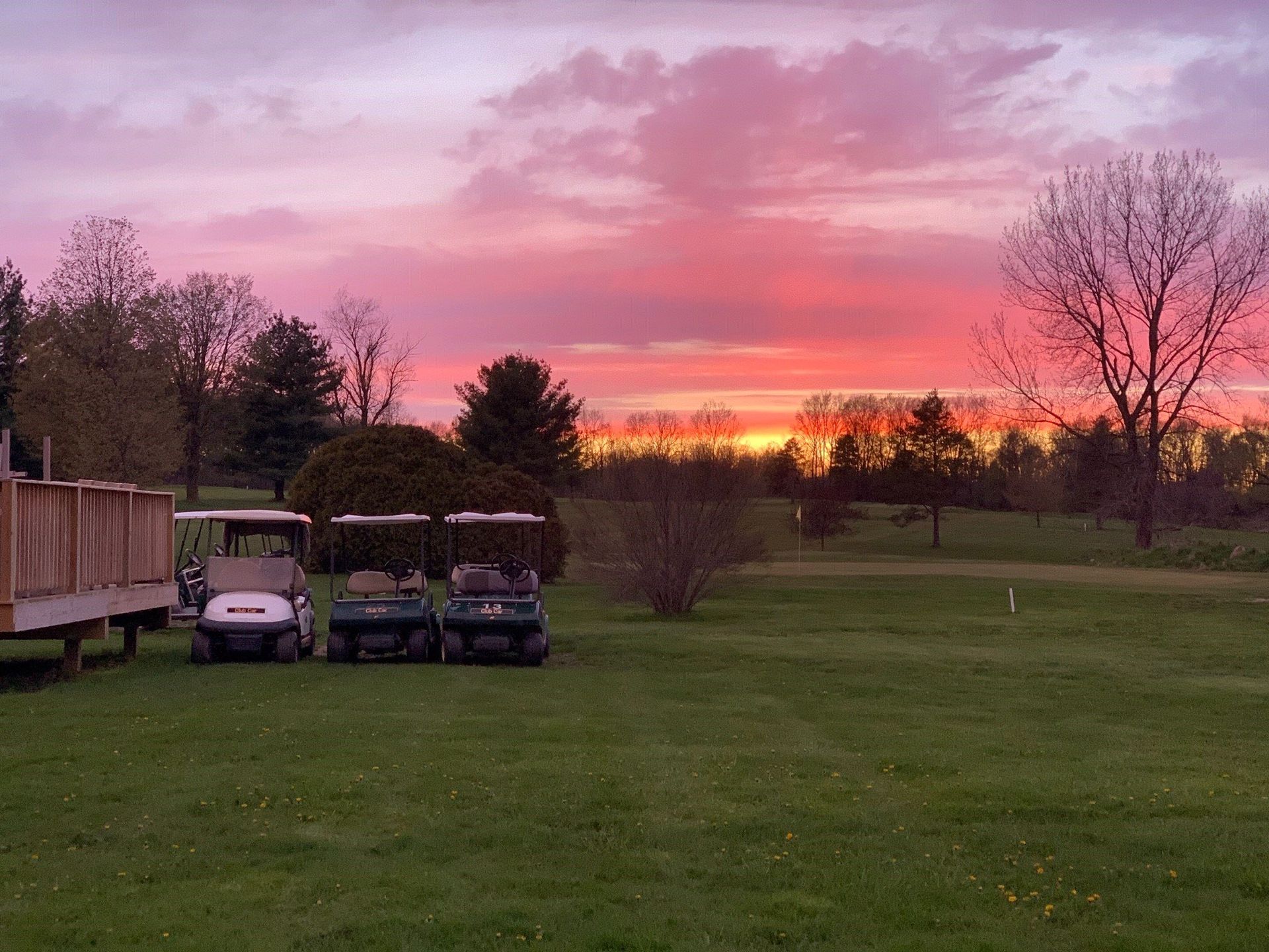 Three golf carts are parked in a grassy field at sunset.
