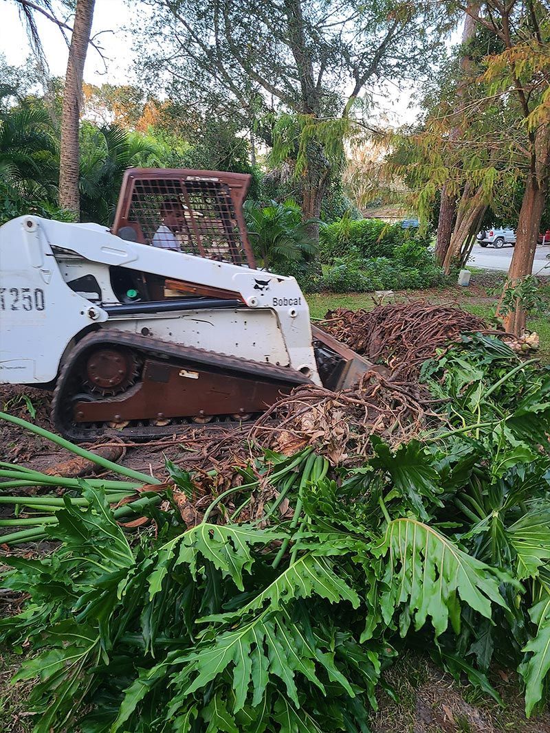 A bulldozer is sitting in the middle of a pile of leaves.