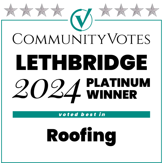CommunityVotes Lethbridge 2024 Platinum Winner for Roofing. Teal and black text on a white background with stars.