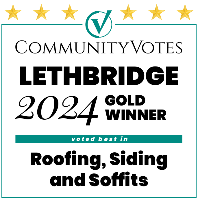 CommunityVotes Lethbridge gold winner 2024, voted best in roofing, siding, and soffits. Teal and black text with gold stars.