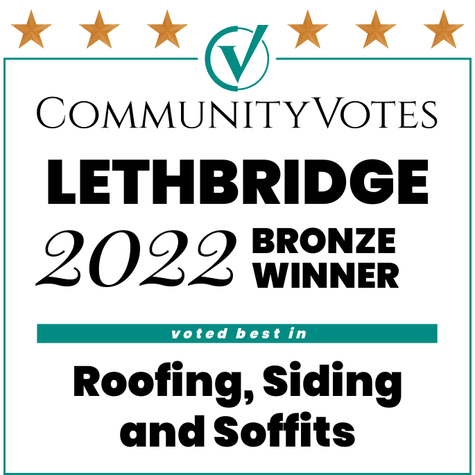 CommunityVotes Lethbridge 2022 Bronze Winner: Voted best in Roofing, Siding, and Soffits; teal and gold logo.