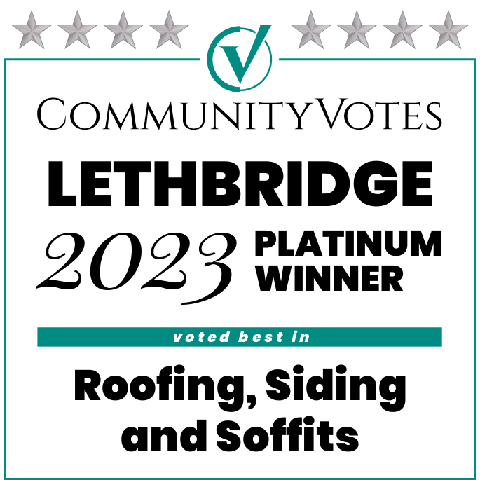 CommunityVotes Lethbridge Platinum Winner 2023 for best Roofing, Siding, and Soffits. Teal and black on white background.