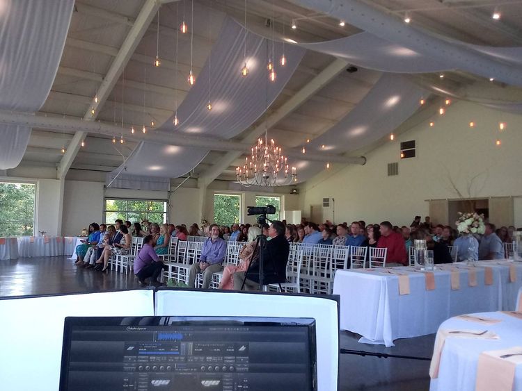 guests seated in large wedding venue with decorations
