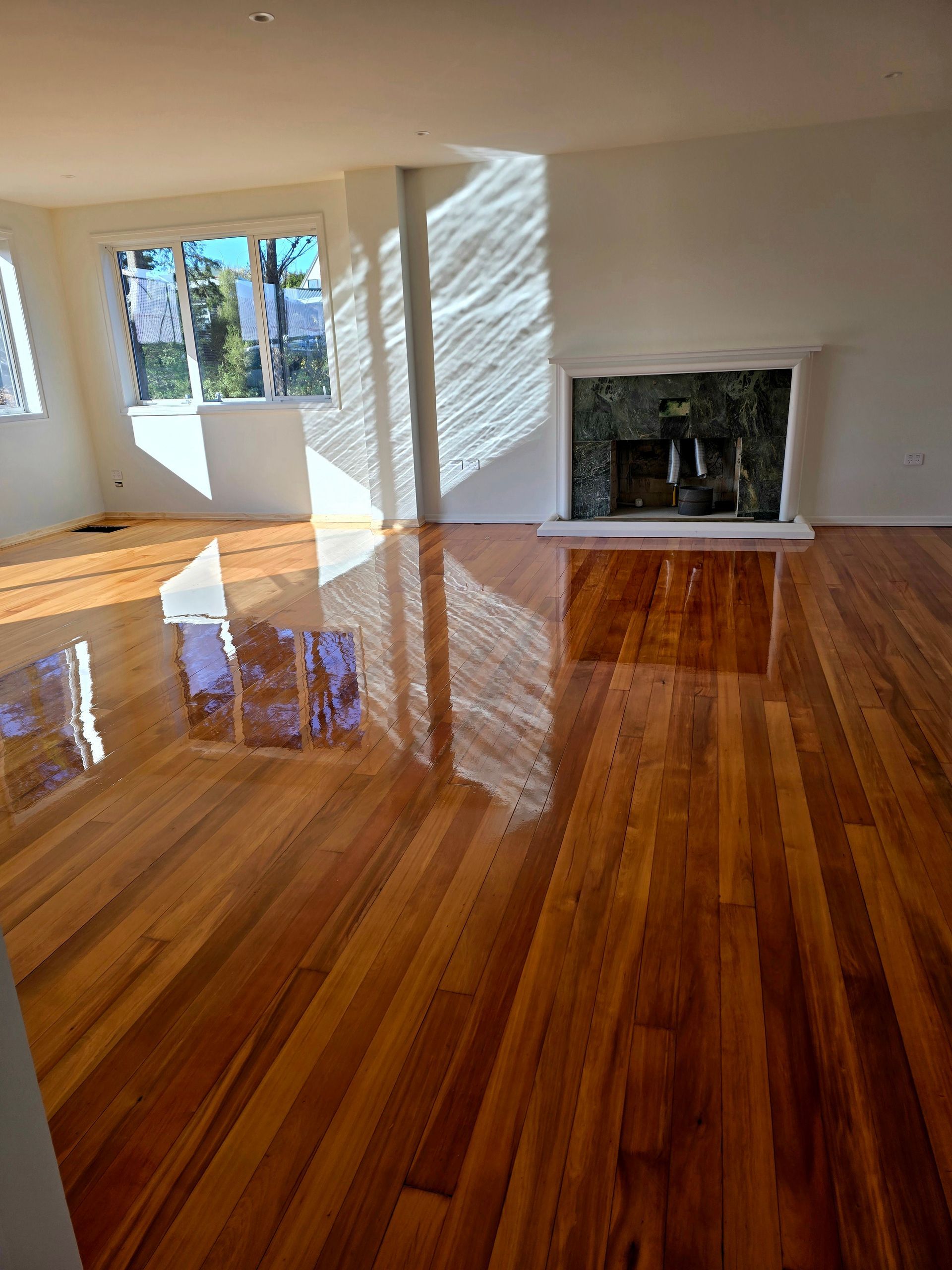 A living room with hardwood floors and a fireplace.