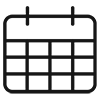 A black and white icon of a calendar on a white background.