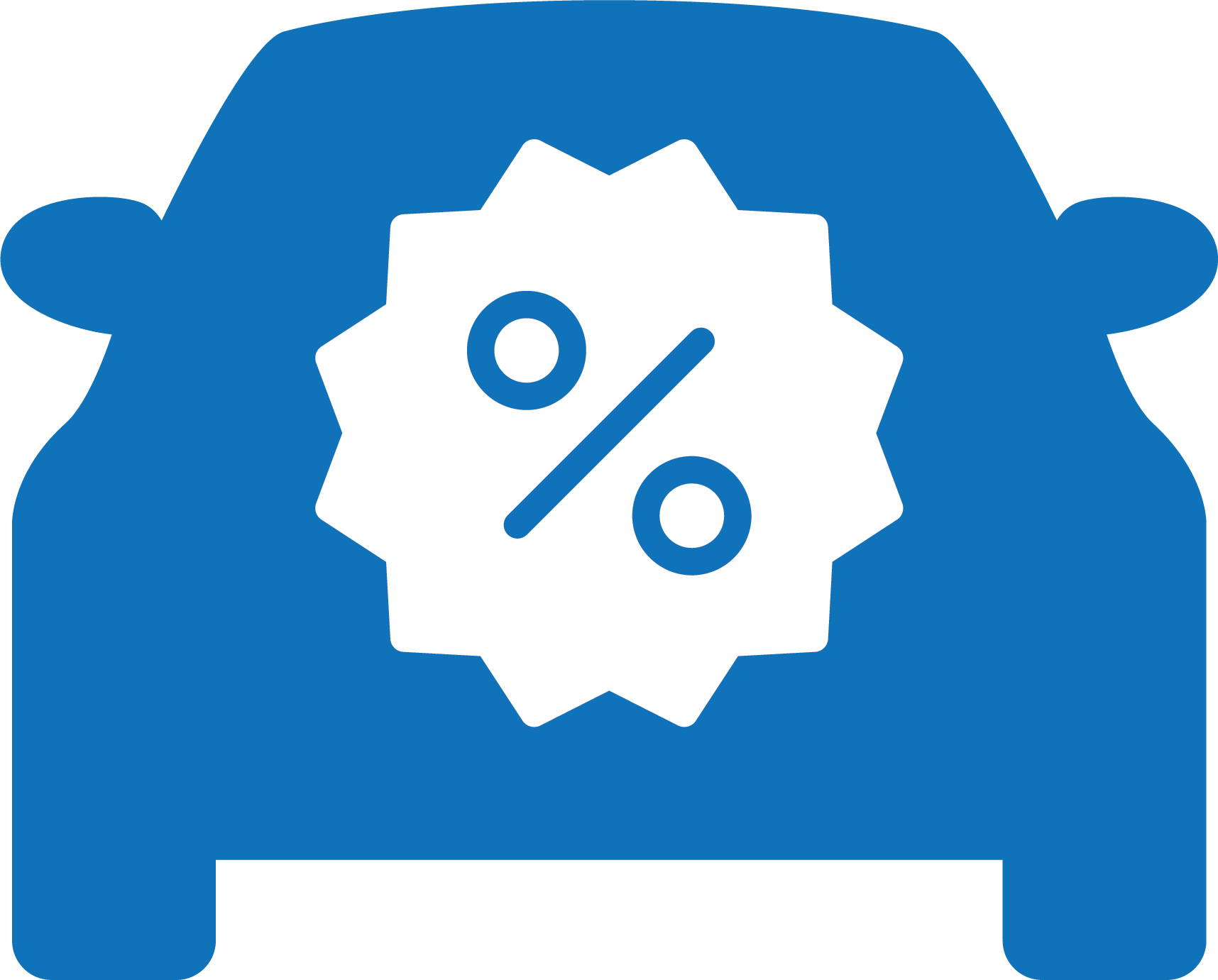 A blue car with a percent sign on it.