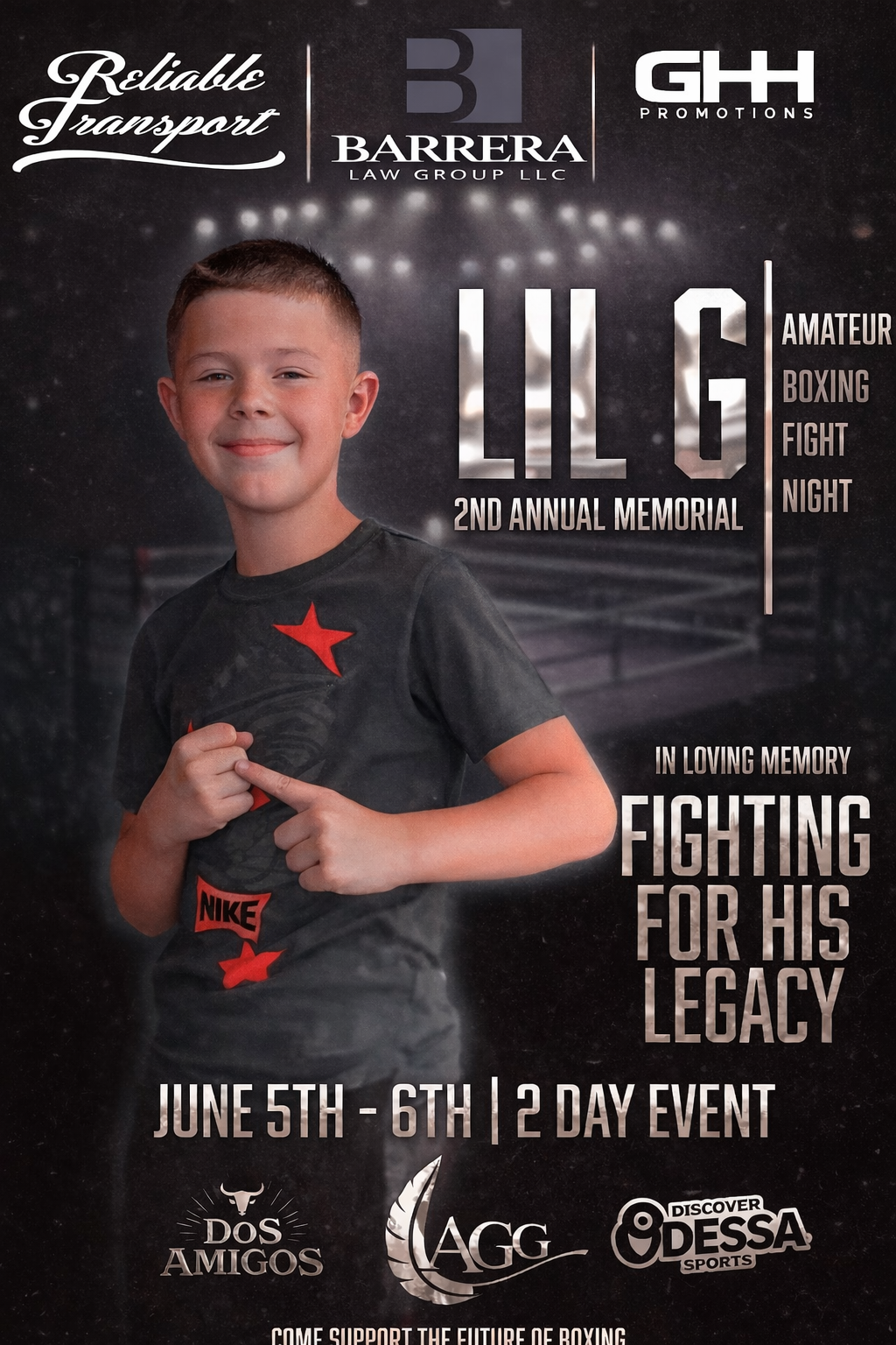 Red event poster for GHH Amateur Fight Night with a fierce logo, boxing ring, date, and sponsors.