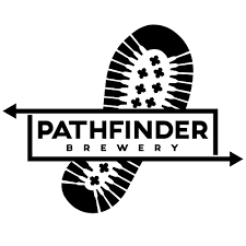 Black and white Pathfinder Brewery logo: boot print intersecting a rectangular box with brewery name and arrows.
