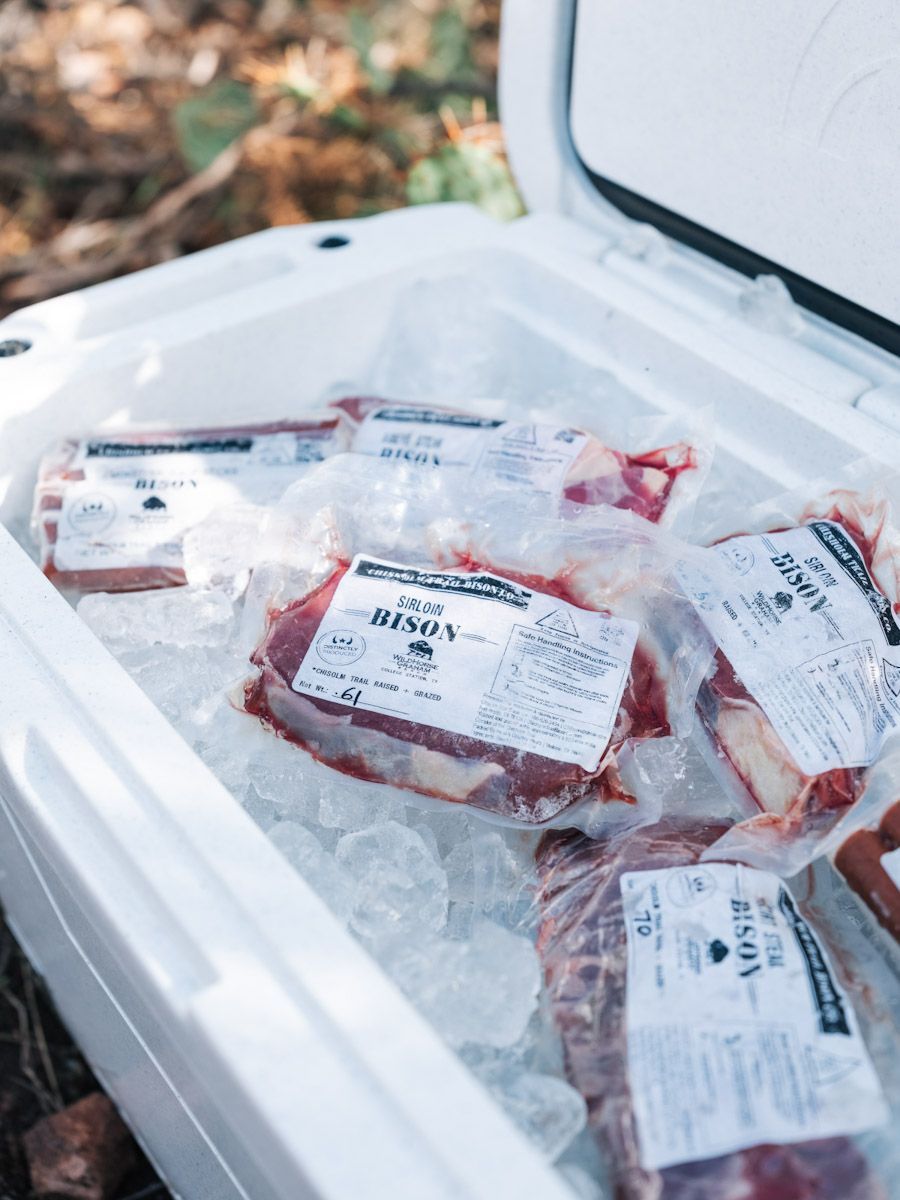 White cooler filled with ice and packaged raw meat.