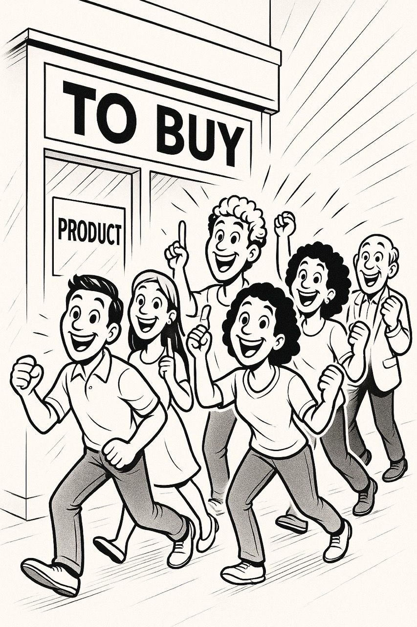 Aufgeregt rennen die Leute auf ein Geschäft mit einem „ZU KAUFEN“-Schild zu.