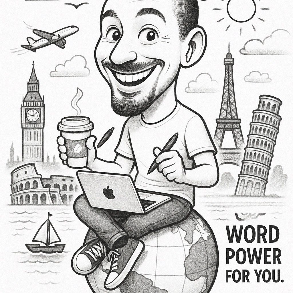 Cartoon-Mann auf dem Globus mit Laptop, Kaffee, Stift und Reise-Sehenswürdigkeiten. „Wortmacht für dich.“