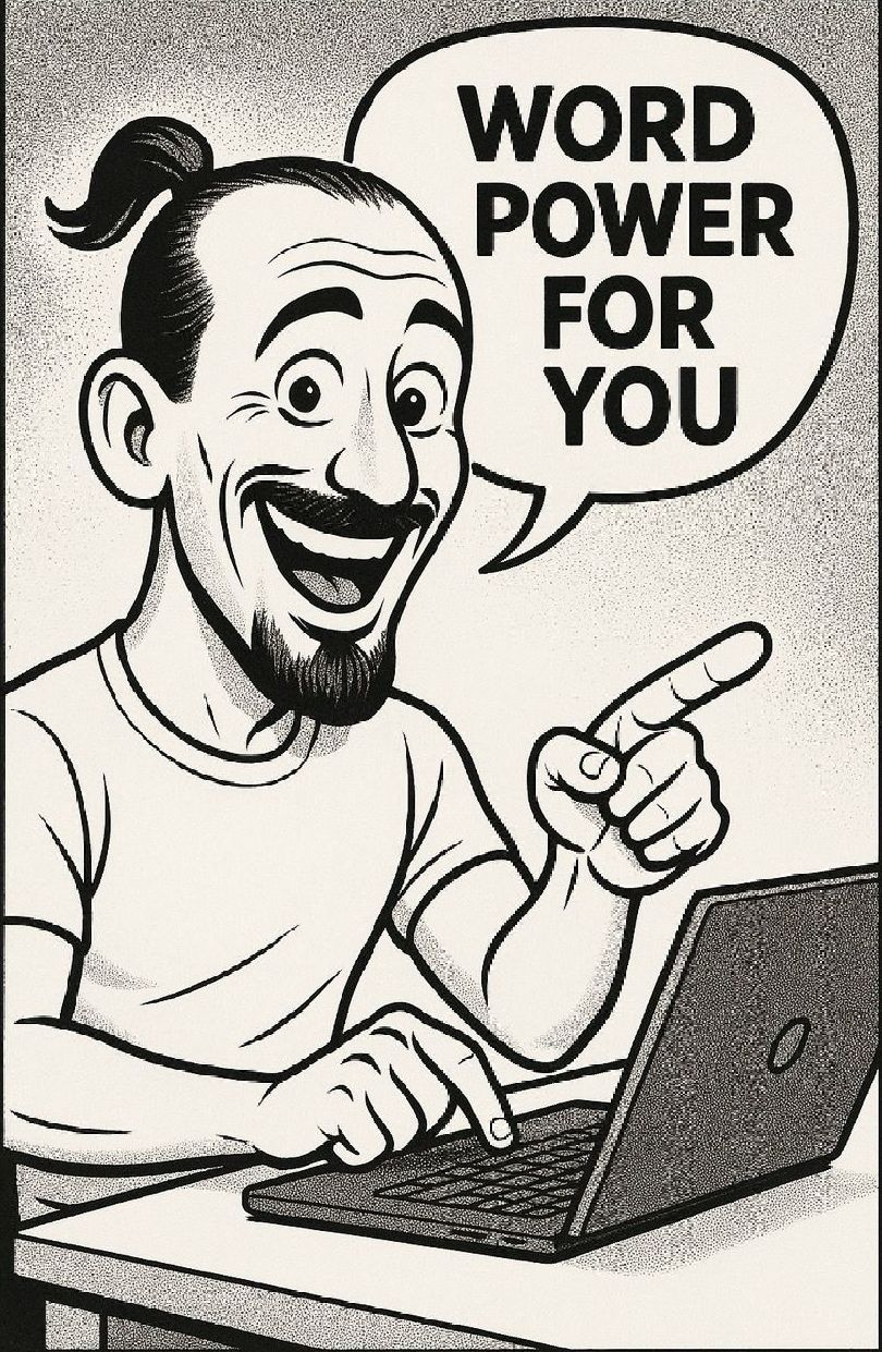 Lächelnder Mann, der auf den Laptop-Bildschirm zeigt; in der Sprechblase steht „Wortmacht für Sie“.