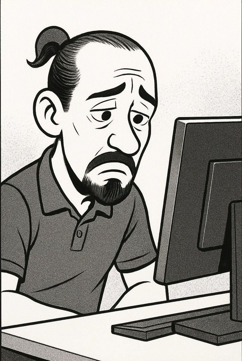 Mann mit Bart und Haarknoten blickt traurig auf einen Computerbildschirm.