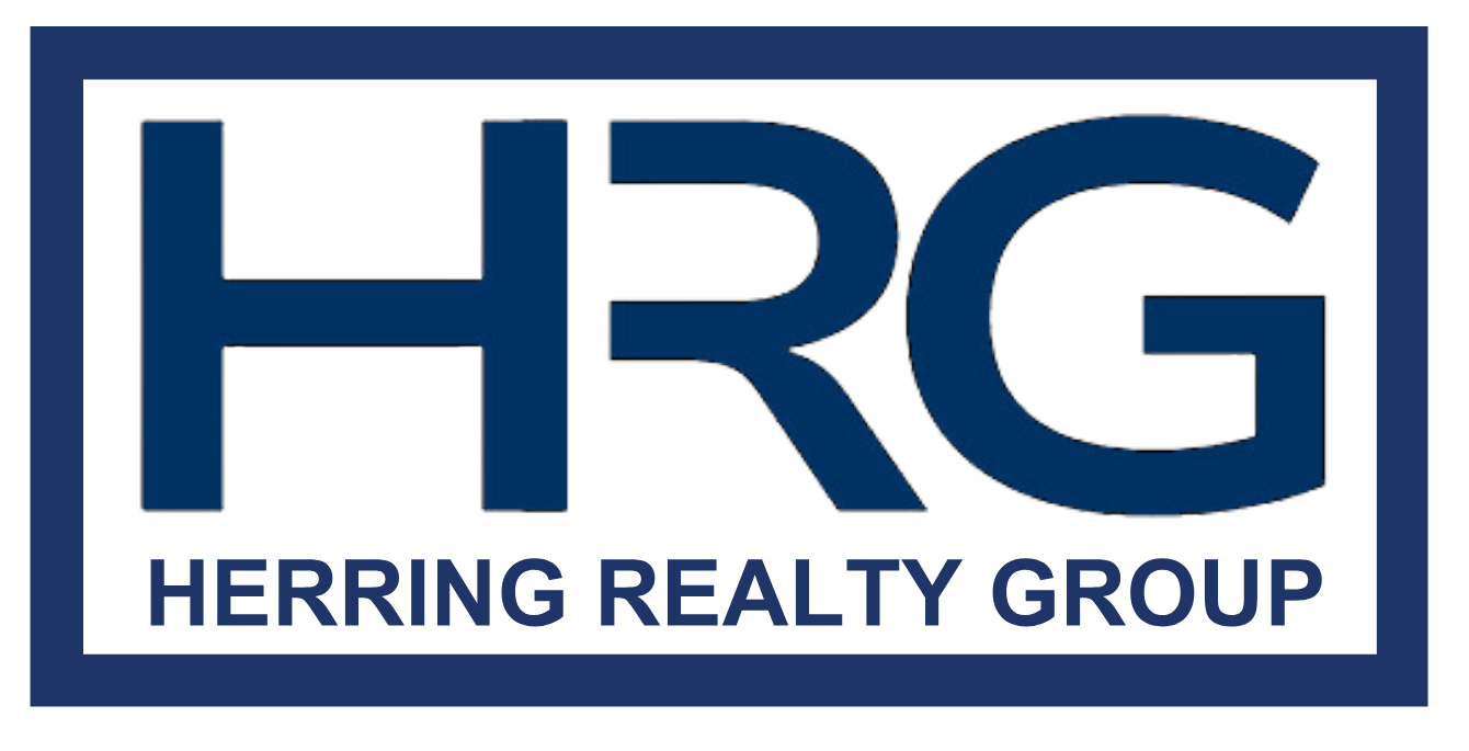 A black and white logo for herring realty group with a tree and palm trees.