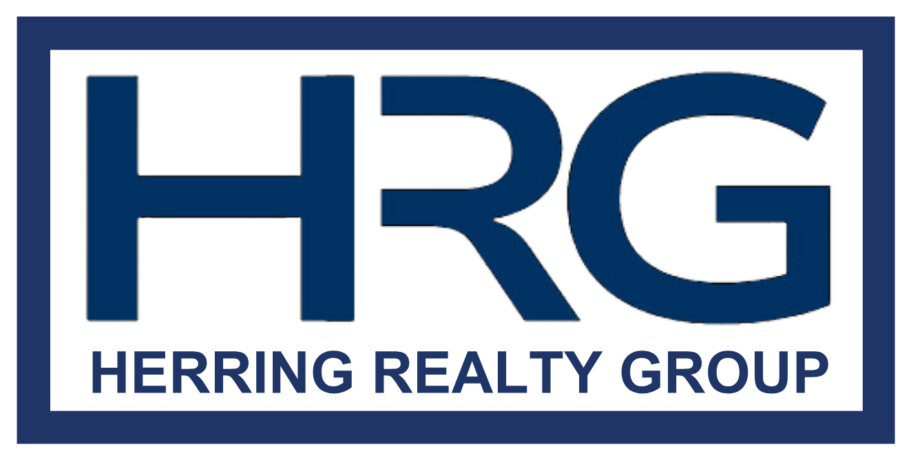 A black and white logo for herring realty group with a tree and palm trees.