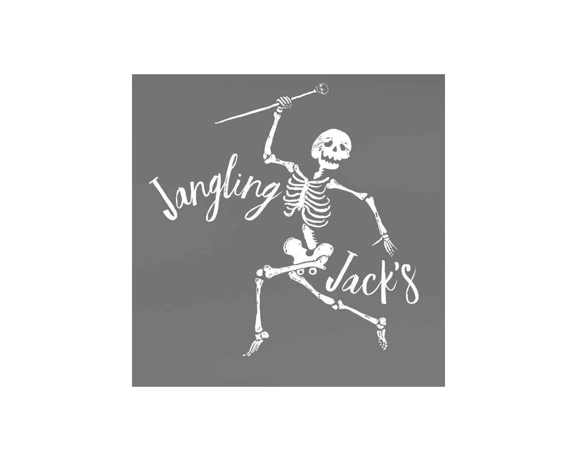 A drawing of a skeleton holding a stick and the words jangling jack 's
