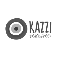 A black and white logo for kazzi beach greek