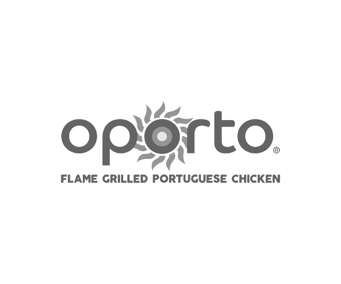 A black and white logo for a flame grilled portuguese chicken restaurant.