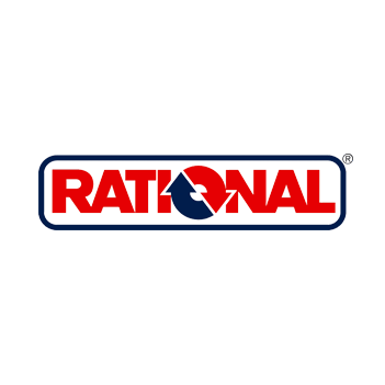 A red , white and blue logo for rational on a white background.