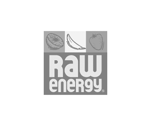 A black and white logo for raw energy with fruits and vegetables.