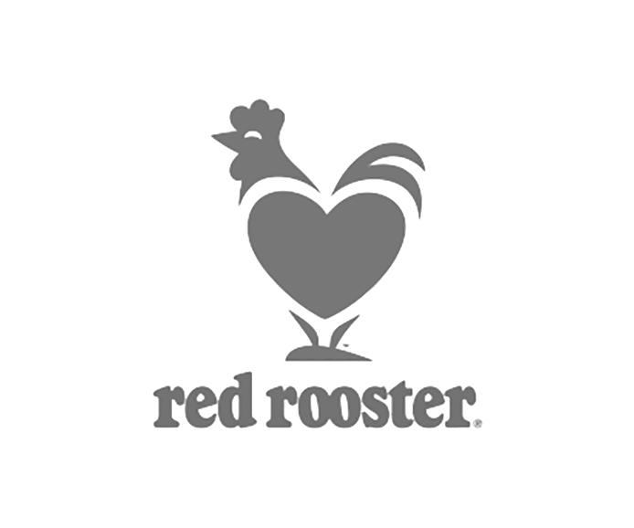 A red rooster logo with a rooster in the shape of a heart.