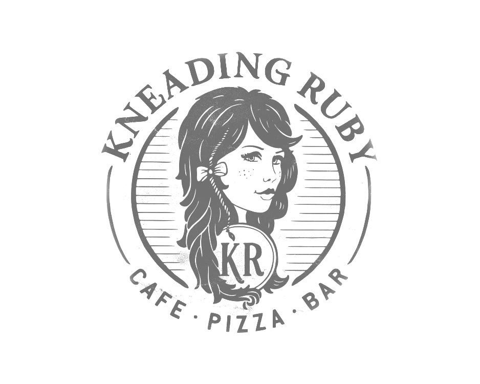 A black and white logo for kneading ruby cafe and pizza bar.