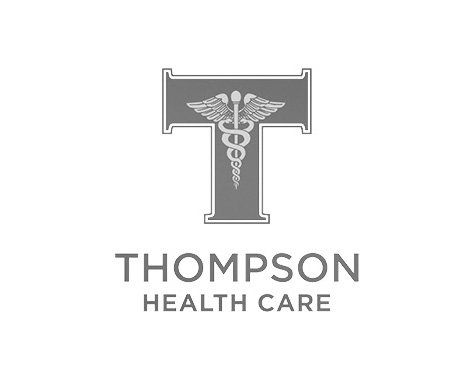 A logo for thompson health care with a caduceus in the letter t.