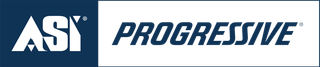 A blue and white progressive logo on a white background