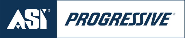 A blue and white progressive logo on a white background