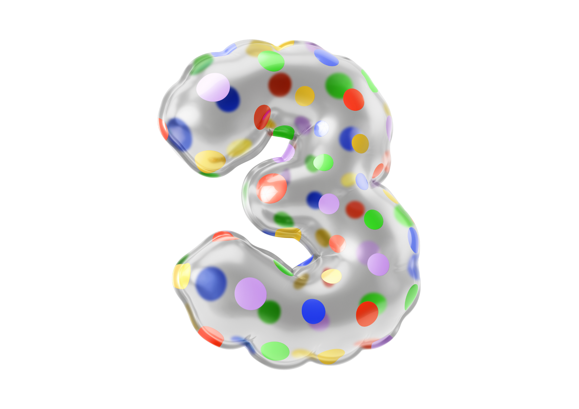 A balloon in the shape of the number three with colorful polka dots on it.