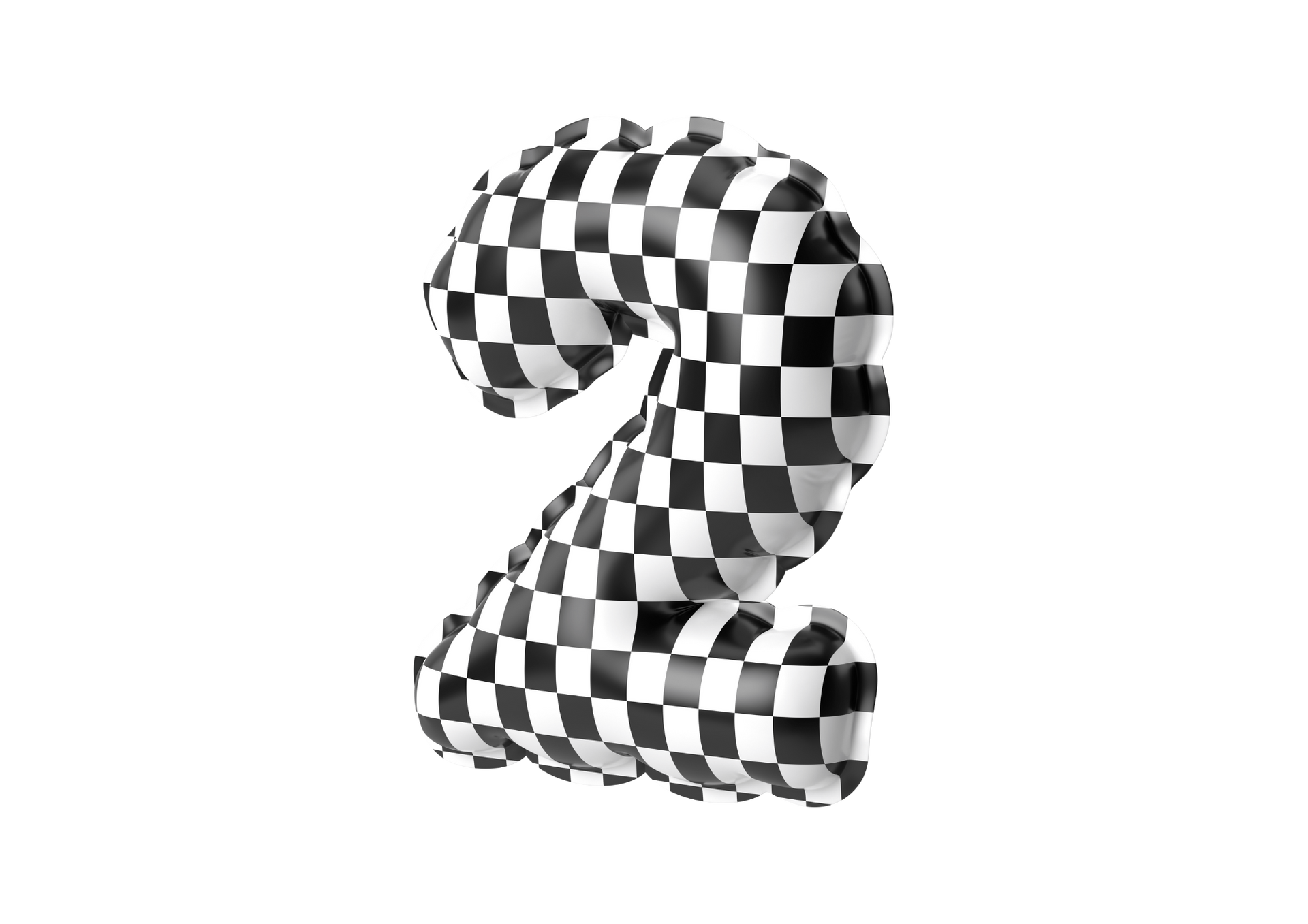 A black and white checkered balloon in the shape of the number two.