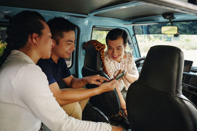 group travellers in a van