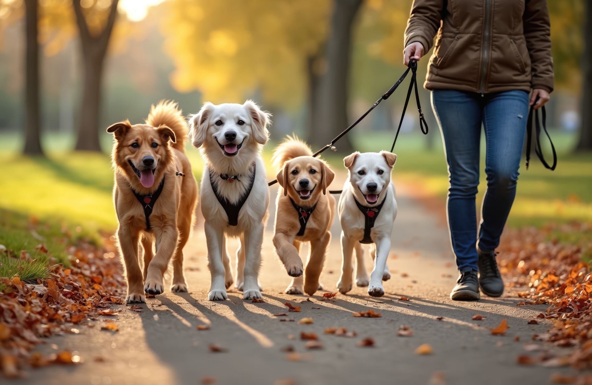 A woman is walking four dogs on a leash in a park.
