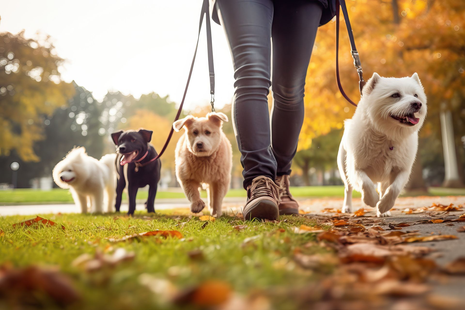 A woman is walking three dogs on a leash in a park.