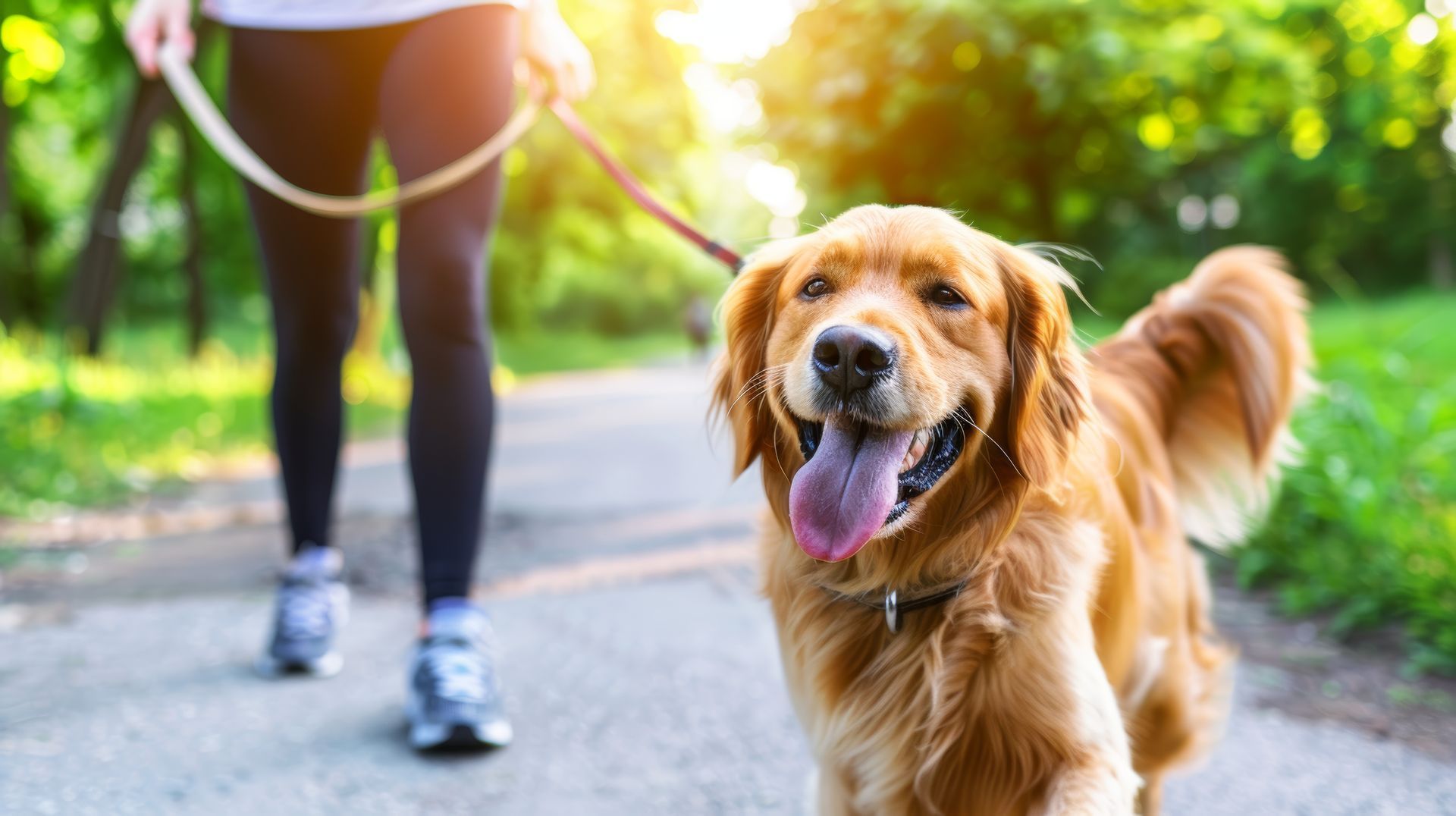 A woman is walking a dog on a leash in a park.