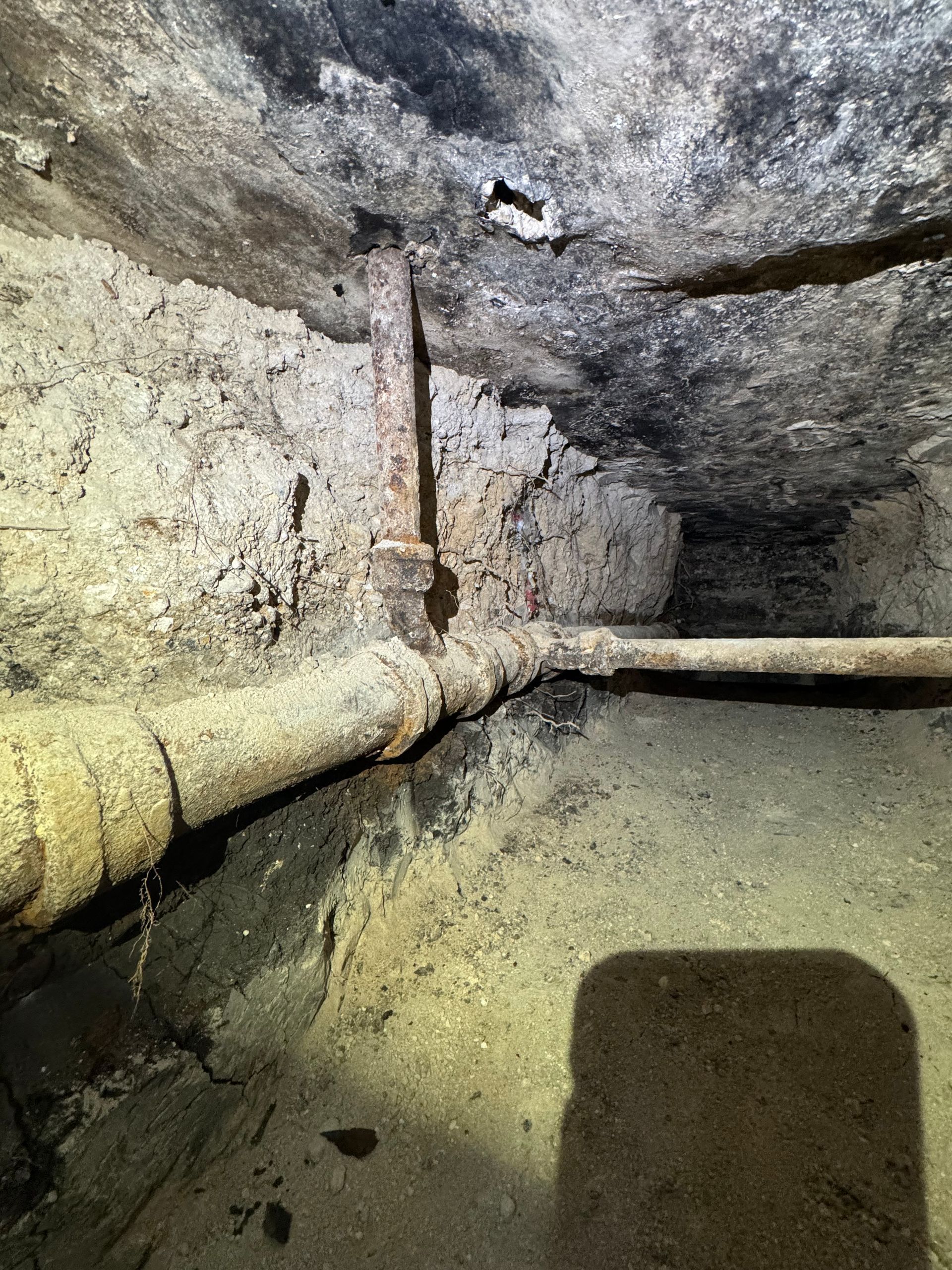 Rusting pipes in a dimly lit, dirt-floored basement. Rough concrete walls.