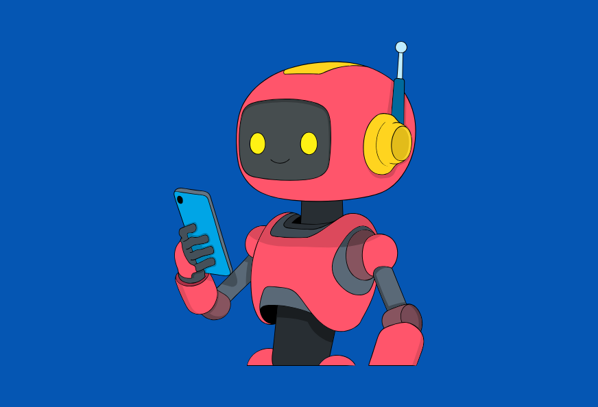 Red robot with black face and yellow eyes using a blue smartphone against a blue background.