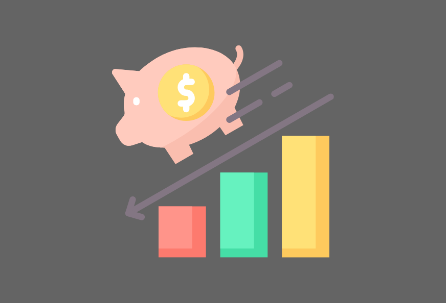 Pink piggy bank sliding down a decreasing bar graph.