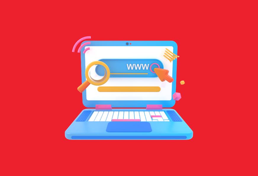 Cartoon laptop with a web search bar on a red background.