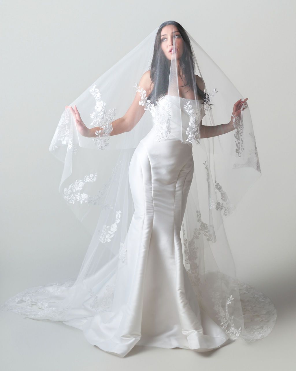 A woman in a wedding dress is holding a veil over her head