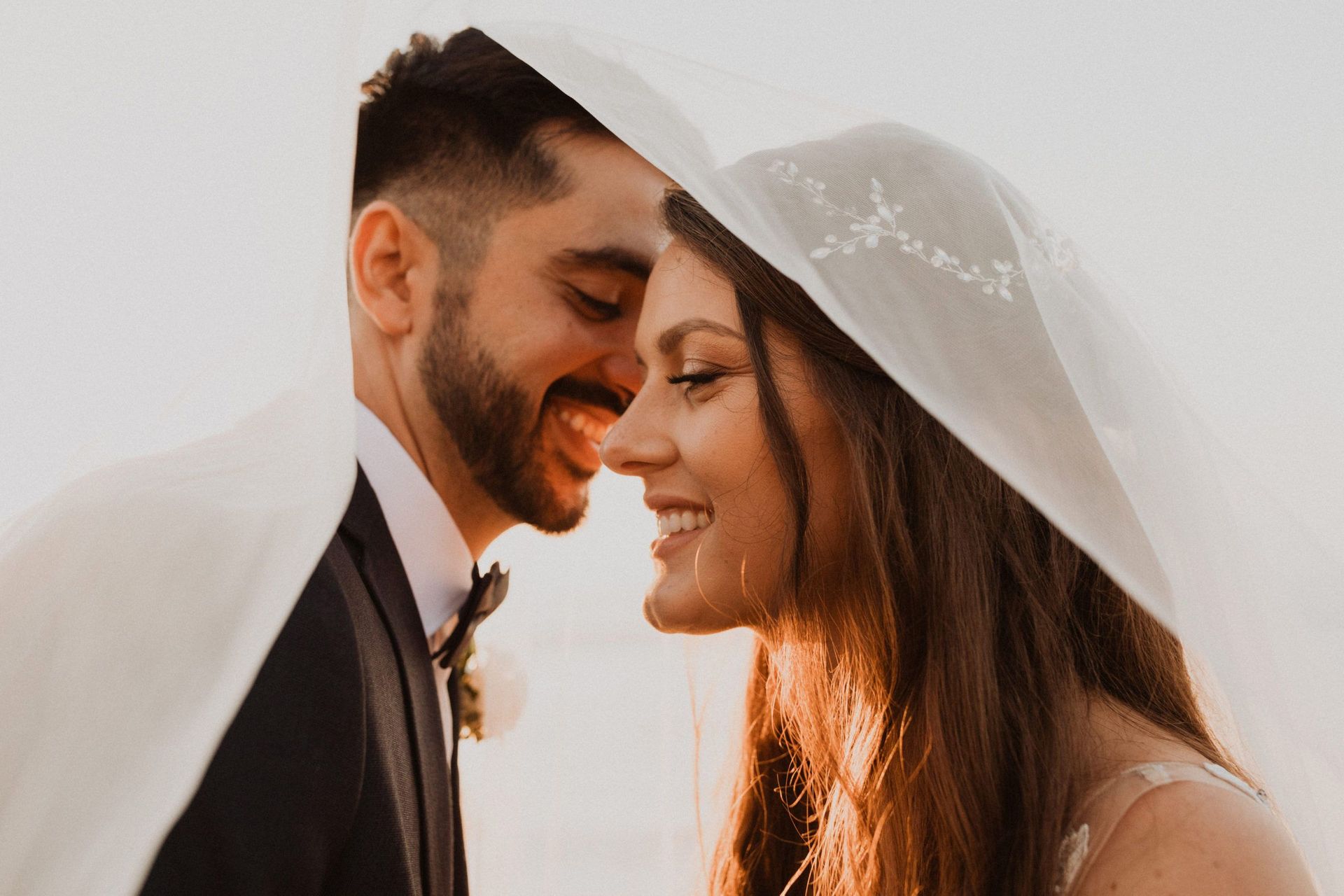 A bride and groom are looking at each other under a veil.