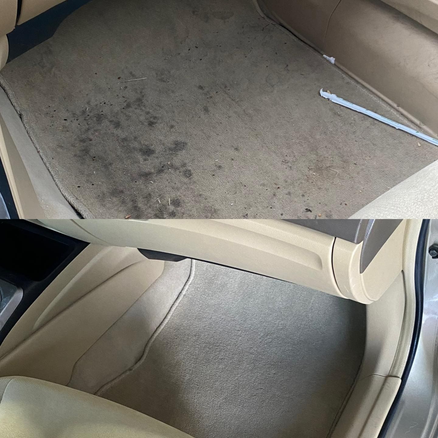 Comparison of a dirty and clean car floor. The dirty one has dark stains, the clean one is beige.